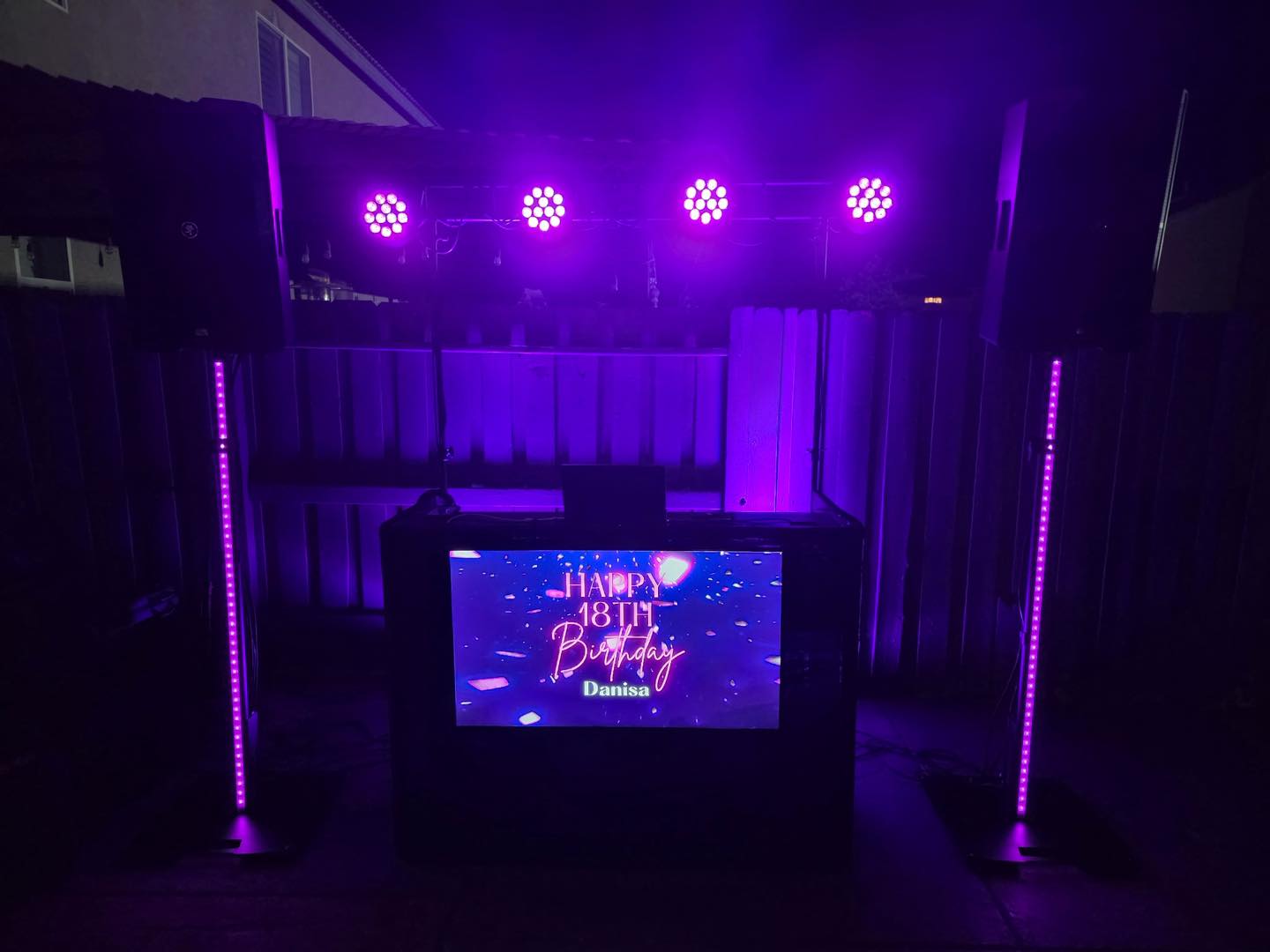 Smaller setup with purple par lights on a truss